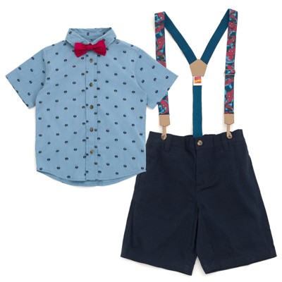 Marvel Baby Button Down Shirt, Twill Pants, Suspenders and and Bow-Tie 4 Piece Outfit Set