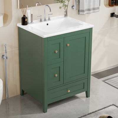 24" Bathroom Vanity with Storage, Adjustable Shelf, Removable Dividers, MDF & Rubberwood Construction, Dark Green/White - ModernLuxe