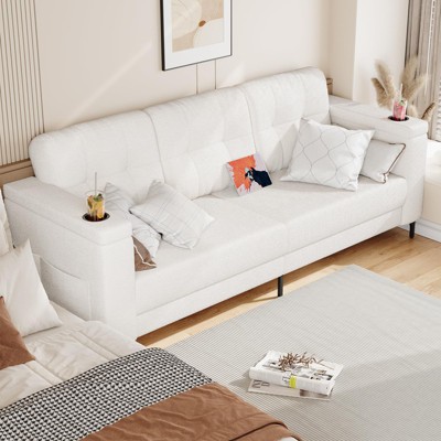 GustoWave Couches for Living Room, 84 Inch Comfy Teddy Fleece Sofas for Living Room with Removable Pillow Curved Armrests with Side Pockets