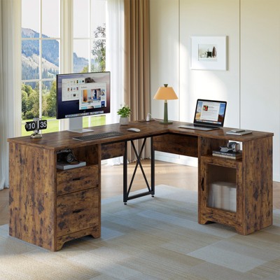 Bestier Farmhouse L Shaped Desk with Drawers, 63" Office Computer Corner Desk with Charging Station,Cabinet & Modesty Panel for Home Office