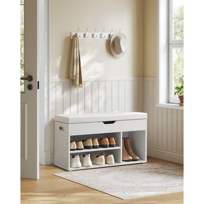 Storage Bench with Cushion 18 Pair Shoe hold , Shoe Bench with Padded Seat, 3 Compartments, Hidden Storage, Shelves, Hallway Bedroom,