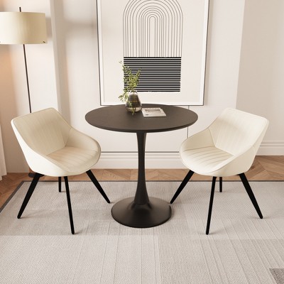MDF round dining table, tulip dining table, and 2 artificial leather decorative chairs with black metal legs, 2-4 person dining table and chair set