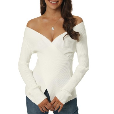 Seta T Women's V Neck Wrap Long Sleeve Criss Cross Casual Pullover Sweater