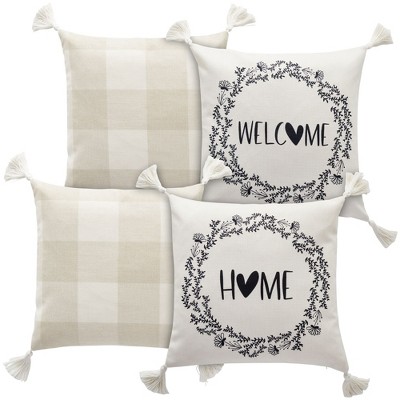 Farmlyn Creek Set of 4 Plaid Throw Pillow Covers, 18x18 Inch Decorative Farmhouse Pillow Cases with Printed Designs and Tassels