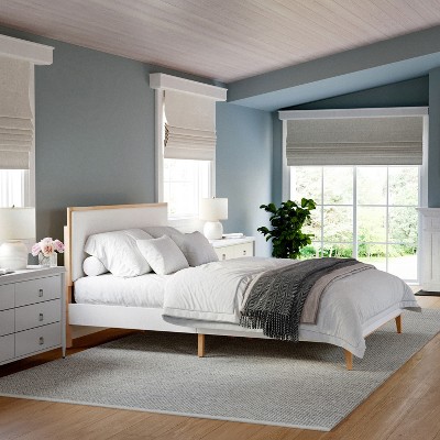 Martha Stewart Flynn Solid Wood Platform Bed with Upholstered Base and Inset Headboard, Wood Slat Bottom, No Box Spring Needed