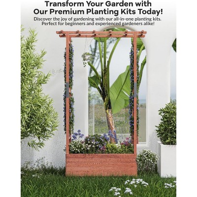 Wood Planter Box with Trellis, Raised Garden Bed with  with Side Supports, Hanging Roof, and Drainage Holes, Freestanding Elevated Garden Bed
