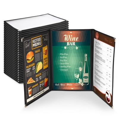 WeChef 30 Menu Cover 8.5 x 14" 6 View Triple Fold Double Stitch Trim Cafe Restaurant Black