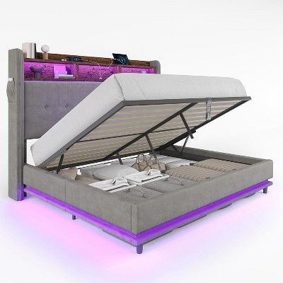 AMERLIFE Bed Frame 53.1"H with Lift Storage, Headboard Storage & RGB LED