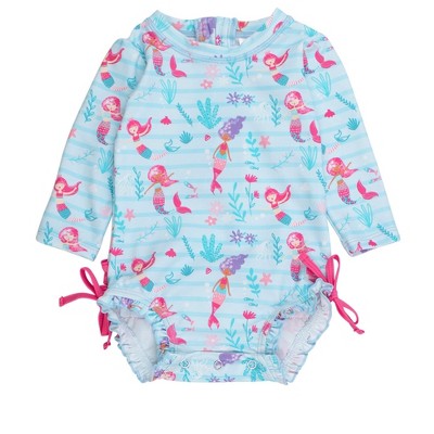 RuffleButts Baby Girls Mermaid Long Sleeve UPF50+ One Piece Rash Guard