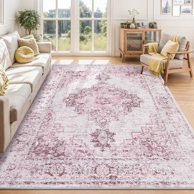Acekool Washable Vintage Area Rug – Soft Low Pile, Non-Slip, Boho Farmhouse Style for Bedroom & Living Room