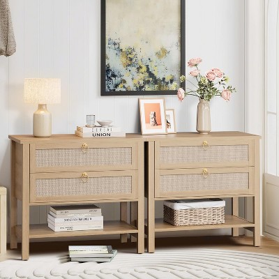 Rattan Nightstand Set of 2, Boho Farmhouse Bedside Tables with 2 Drawers & Open Shelf - Large Bedroom Nightstands, Living Room Side Tables