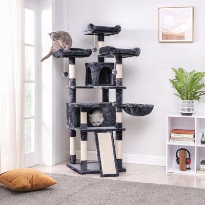 FEANDREA 66.5" Cat Tree Large Cat Tower Cat Condo with Scratching Posts Board 2 Caves 3 Plush Perches
