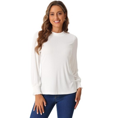 Allegra K Women's Mock Neck Ribbed Knit Smocked Ruffle Cuff Lantern Long Sleeve Top