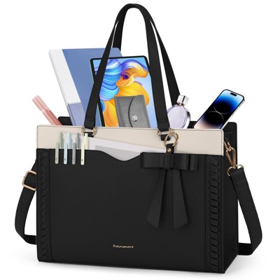 Laptop Bag for Women 15 Inch Work Tote Bag with Detachable Strap & Bow Leather Professional Laptop Tote with Cup Holder