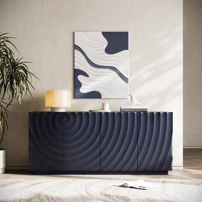 ORRD 59" Navy Blue Buffet Cabinet with 4 Doors, Modern 3D Wave Sideboard Storage for Kitchen & Living Room, Anti-Tip