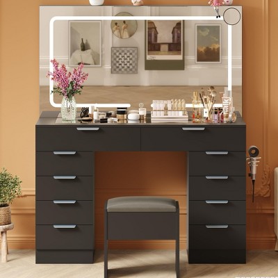 Makeup Vanity Desk with Mirror, 45"W Large Dressing Table with 10 Drawers & Glass Tabletop, Makeup Vanity Table with Stool for Bedroo