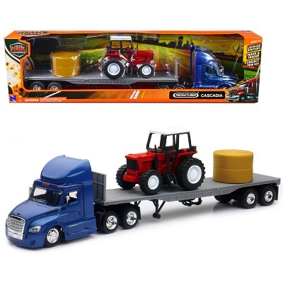 Freightliner Cascadia w/Flatbed Trailer Blue w/Farm Tractor Red and Hay Bales "Long Haul Trucker" 1/43 Diecast Model by New Ray
