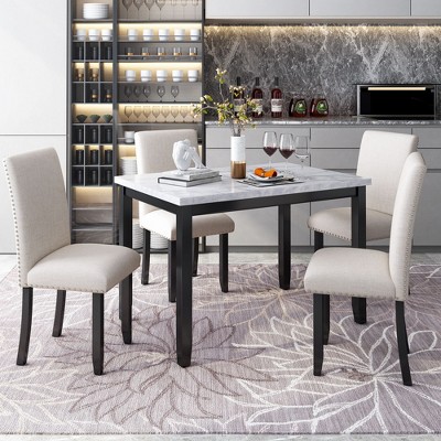 CENGHU Faux Marble 5-Piece Dining Set Table with 4 Thicken Cushion Dining Chairs, Kitchen Table Set for 4, Perfect for Small Space