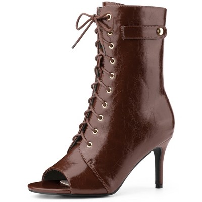 BLISSFUL STEP Women's Lace Up Peep Toe Stiletto Heel Ankle Boots