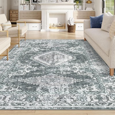 Washable Vintage  Medallion Area Rug, Low-Pile Non-Slip Soft Carpet, Stain-Resistant Accent Rug for Living Room, Nursery, Office