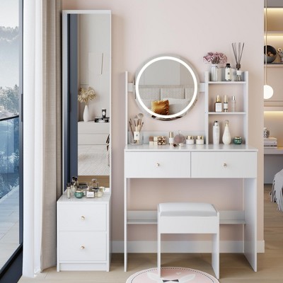 KTMBDW Vanity Desk with Mirror and Lights, Makeup Vanity with 4 Drawer & Storage Shelves, 3 Lighting Modes, Bedroom Dressing Table