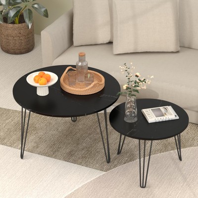 27.56in Round Nesting Coffee Table Set of 2, Circular Nesting End Table Set, Round Marble Tabletop, and Sturdy Metal Base for Living Room, bedroom