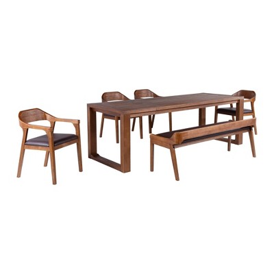 Boraam 5pc Rasmus Extendable Dining Table Set with 1 Bench and 4 Armchairs Chestnut: Solid Acacia, Faux Leather Seats
