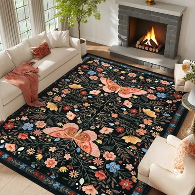 Modern Area Rug Farmhouse Washable Rug Butterfly Floral Print Area Rugs for Living Room Bedroom