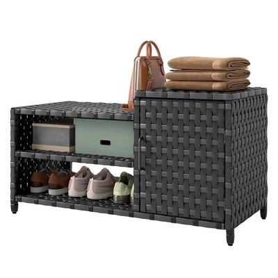 Rattan Shoe Bench 2-Tier storage rackand Cabinet Entryway Shoe Rack Small Space