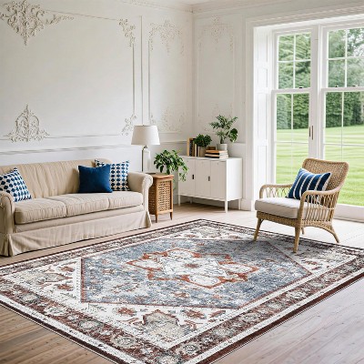 Machine Washable Vintage Boho Floral Rug, Non-Slip, Low Pile for Living Room/Bedroom/Entryway/Dining Room/Office