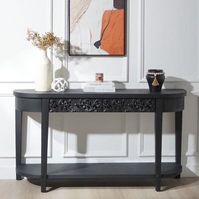 Gulches 59.2in Black Carved Wooden Console Table - 2 Drawers, Lower Storage Shelf, for Entryway, Living Room