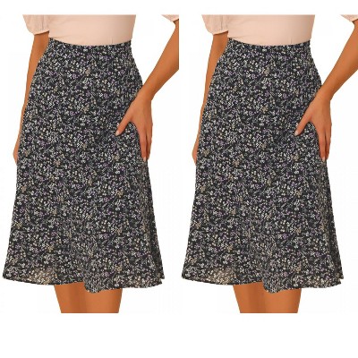 INSPIRE CHIC Women's Print Floral Peasant Elastic Waist A-Line Midi Skirts 2 Packs