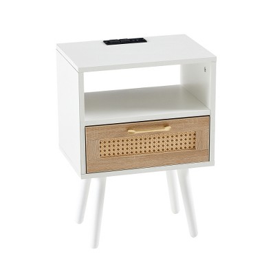 LIVAREEmlen 15.75" Rattan End table with Power Outlet & USB Ports, Modern Nightstand with drawer and solid wood legs, side table for living room