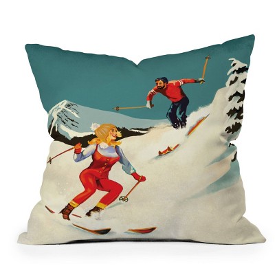 Deny Designs 16"x16" The Whiskey Ginger Retro Skiing Couple Square Throw Pillow Blue: Abstract Design, Indoor Decor, Zippered Cover
