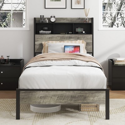 Twin Size Bed Frame with Charging Station for Bedroom