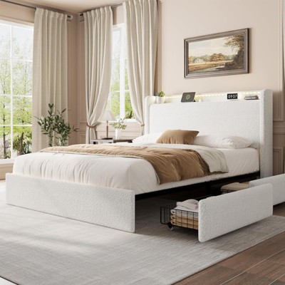 Full/Queen Boucle Bed Frame with Storage Headboard, Upholstered Bed Frame with Charging Station, LED Lights, 4 Storage Drawers