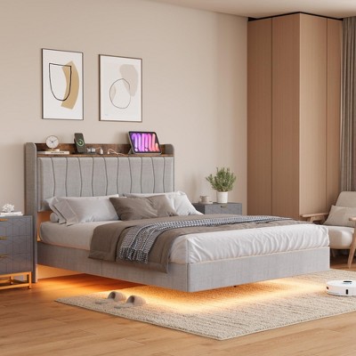 Floating Bed Frame with LED Lights & USB Charging Station – Modern Upholstered Platform Bed with Headboard, Solid Wood Slats Support, No Box Spring