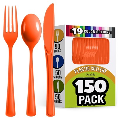 Exquisite Solid Color Plastic Utensil Cutlery Set Forks Spoons Knives- 150 Pack