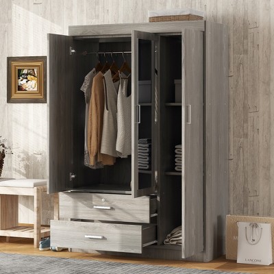 YOOCOZZ Modern 3-Door Freestanding Wardrobe with Lockable Top Drawer and Full-Length Mirror