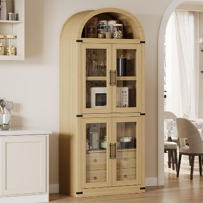 Acekool Arched Bookcase, 71.4" Tall Farmhouse Display Cabinet with Doors and Drawers, 15.8" Deep Storage Shelves, White