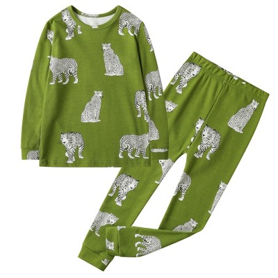 Owlivia Organic Cotton Baby Long Sleeve Pajama Sets, Toddler 2Pc Sleepwear - Green Cheetah