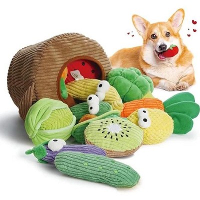QuestaPack Small Dog Toys- 15 Pack Grocery Bag Fruits and Veggies Dog Squeaky Toys