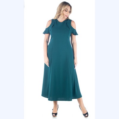 24seven Comfort Apparel Ruffle Cold Shoulder A Line Plus Size Maxi Dress