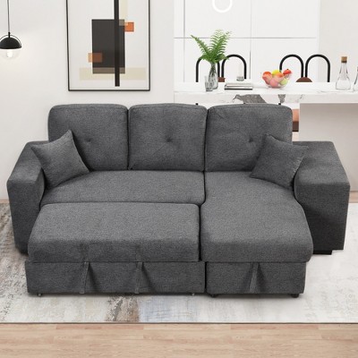 Reversible L-Shape Sleeper Sectional Sofa with Storage Chaise, Side Shelf & 2 Stools - Pull-Out Sofa Bed for Living Room