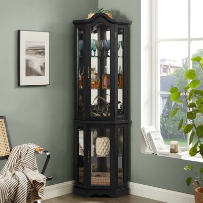 FONTOI Corner Curio Cabinet with Tempered Glass Doors&Shelves, Elegant Display Storage for Living Room,Bedroom, Black, 15.94"*70.28"*21.65"