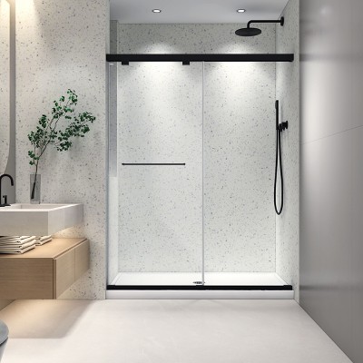 PexFix 76 in.x 54 in. Frameless Double Sliding Shower Door 8mm Tempered Glass With Adjustable Soft Closing Design for Spa Bathroom Clear Matte Black