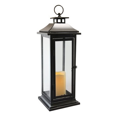 LumaBase Metal Lantern with Battery-Operated Candle - Traditional Black