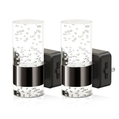 DORESshop 2-Pack 1W Plug-in Black Night Light with Bubble Acrylic Cylinders, Up/Down Glow Wall-Mimic Design, Slide Dimmer, 2700K Warm Light