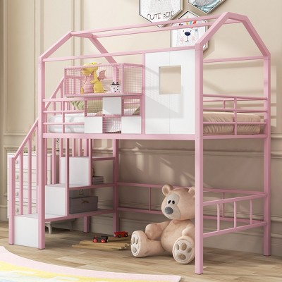 Twin Size House Bed Metal Loft Bed with Storage Box on Roof Design, Storage Staircase Loft Bed Frame with Under Bed Space