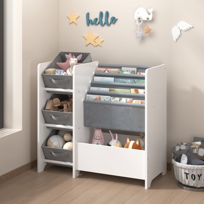Racxily Kids Bookshelf and Toy Storage Organizer, Multifunctional 4 Tier Kids Book Shelf with 3 Collapsible Fabric Drawers, Children's Book Display